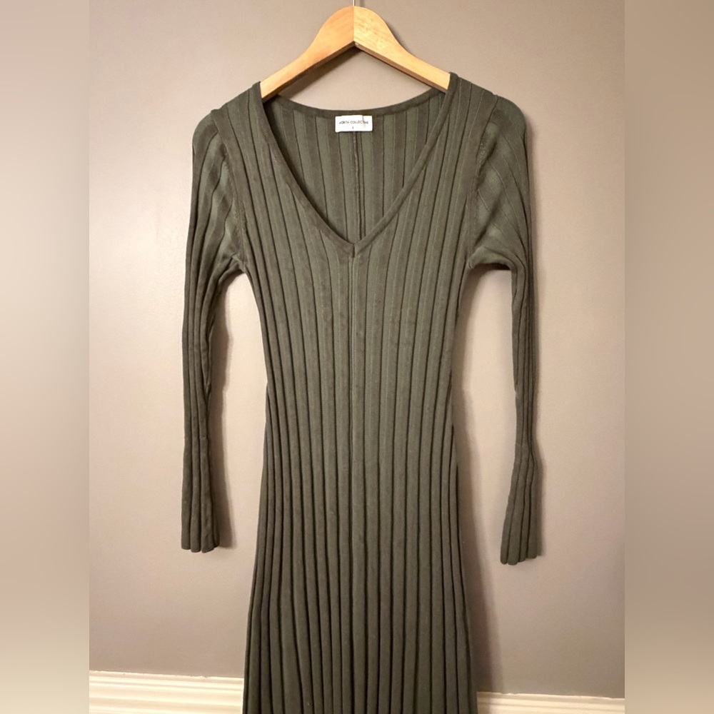 Long Sleeve Ribbed Knit Dress - Olive - Picture 3 of 8